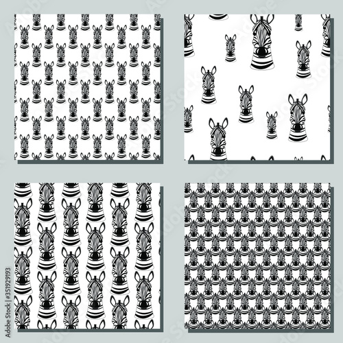 Set of seamless texture with a zebra head. Collection of african animalistic patterns. Children's cartoon character on fabric, wallpaper or packaging. Patterns on the swatch panel.