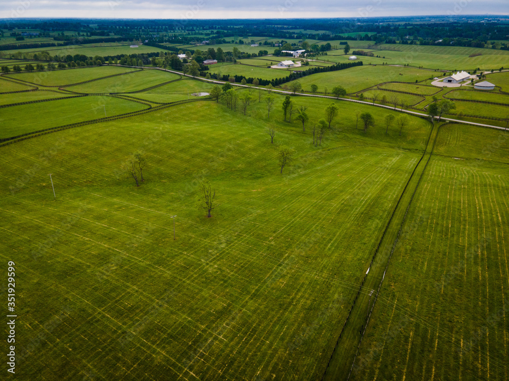 Aerial picture of a horse farm in rural Kentucky