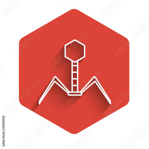 White line Bacteria bacteriophage icon isolated with long shadow. Bacterial infection sign. Microscopic germ cause diseases concept. Red hexagon button. Vector Illustration
