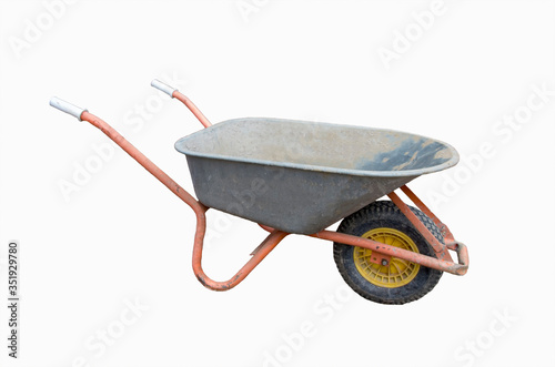 Fotografia galvanised steel wheelbarrow cart isolated on white