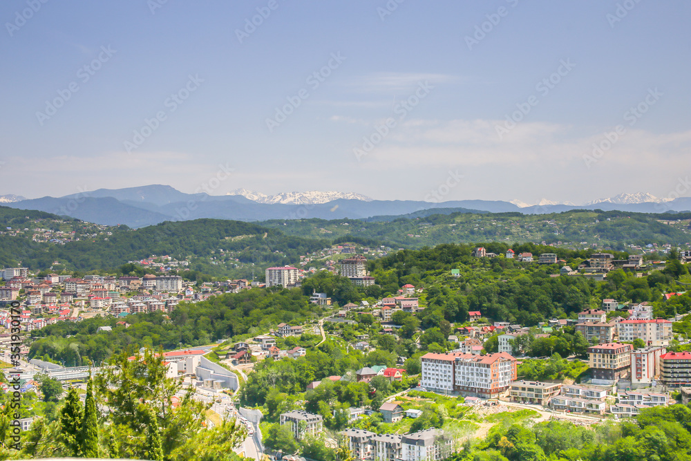 sochi city russia mountain town black sea tropical resort aerial panorama landscape view of sport district architecture stadium ocean water marina hilly cityscape background wide wallpaper