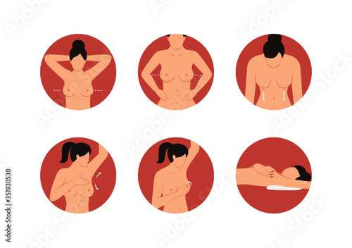 woman breast cancer self screening posture set, flat faceless cartoon character design