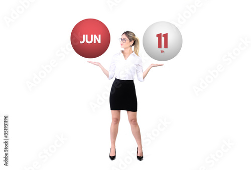 June 11th calendar background. Day 11 of jun month. Business woman holding 3d spheres. Modern concept.