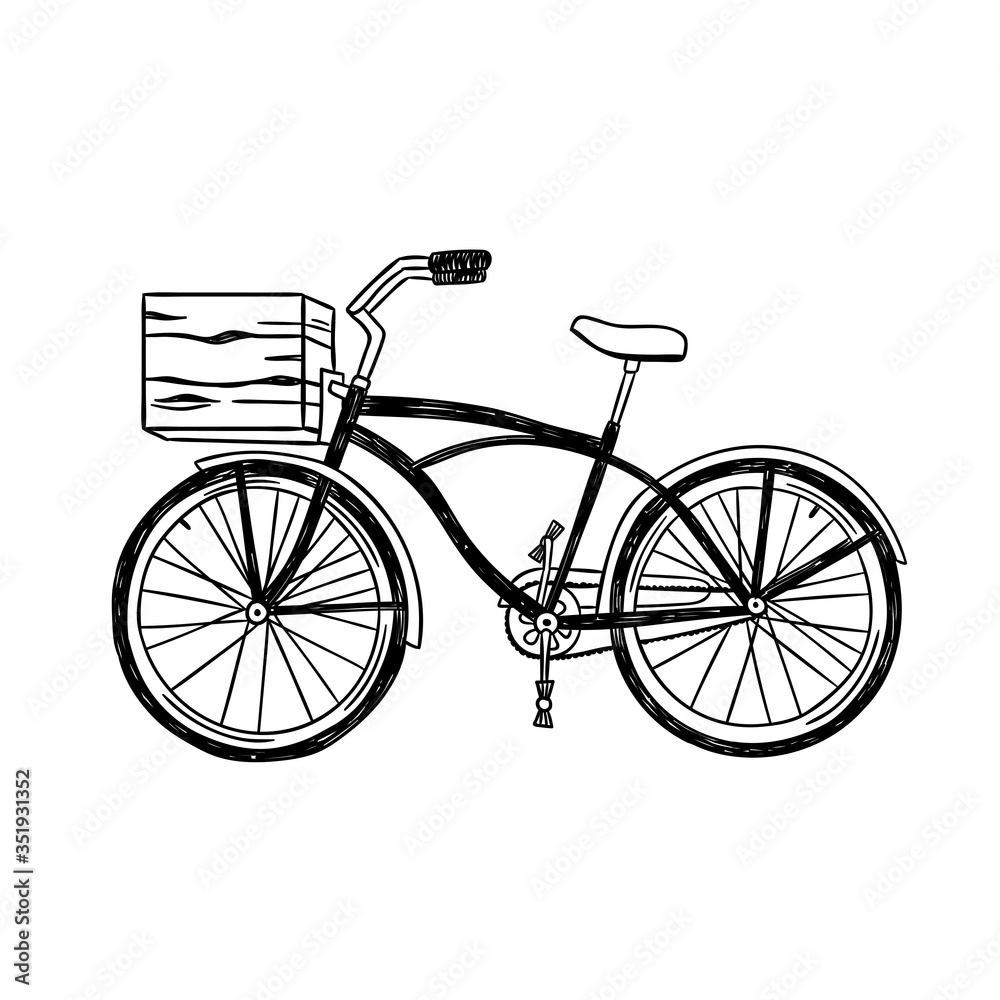 Vintage city bike with front basket. Vector hand drawn bicycle illustration isolated on white background