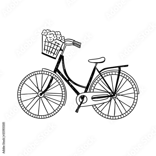 Cute bike vector illustration. Vintage bicycle isolated on white background. Bike with step-through frame and front wicker basket