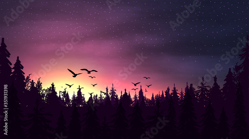 Pink sunset in a pine forest with a silhouette of trees, starry sky and birds soaring above the treetops