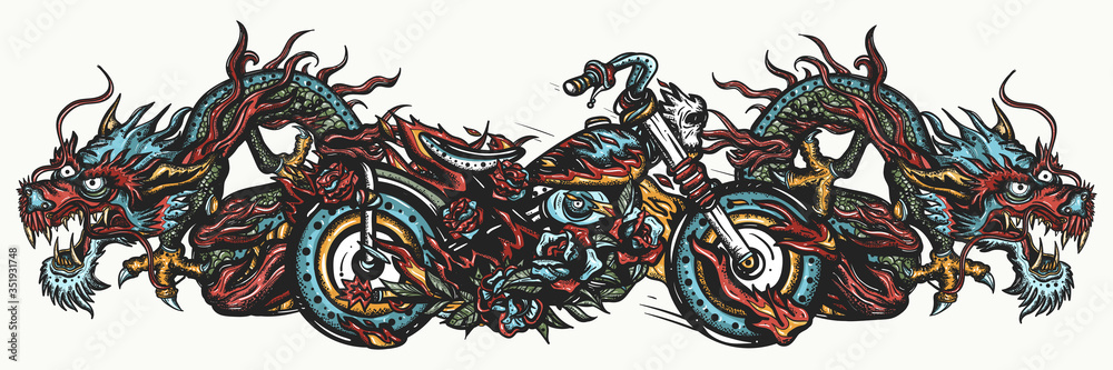 Biker art. Burning chopper motorcycle and asian dragons. Cool motorbike, moto sport concept. Lifestyle of racers. Color Tattoo and t-shirt design