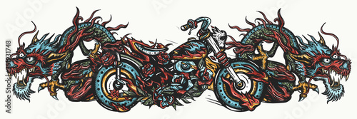 Biker art. Burning chopper motorcycle and asian dragons. Cool motorbike, moto sport concept. Lifestyle of racers. Color Tattoo and t-shirt design