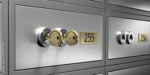 Safe bank deposit box with 2 gold keys close up view. 3d illustration photo