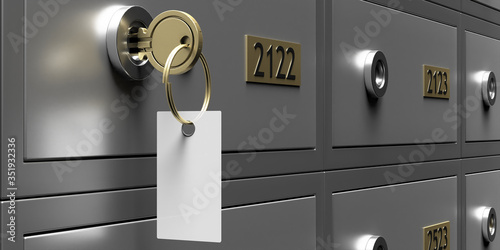 Tablou pe pânză Safe bank deposit box with blank key tag, copy space