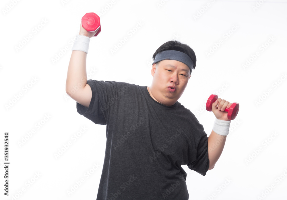 Young Asian funny fat sport man exercise with dumbbell isolated on white background.