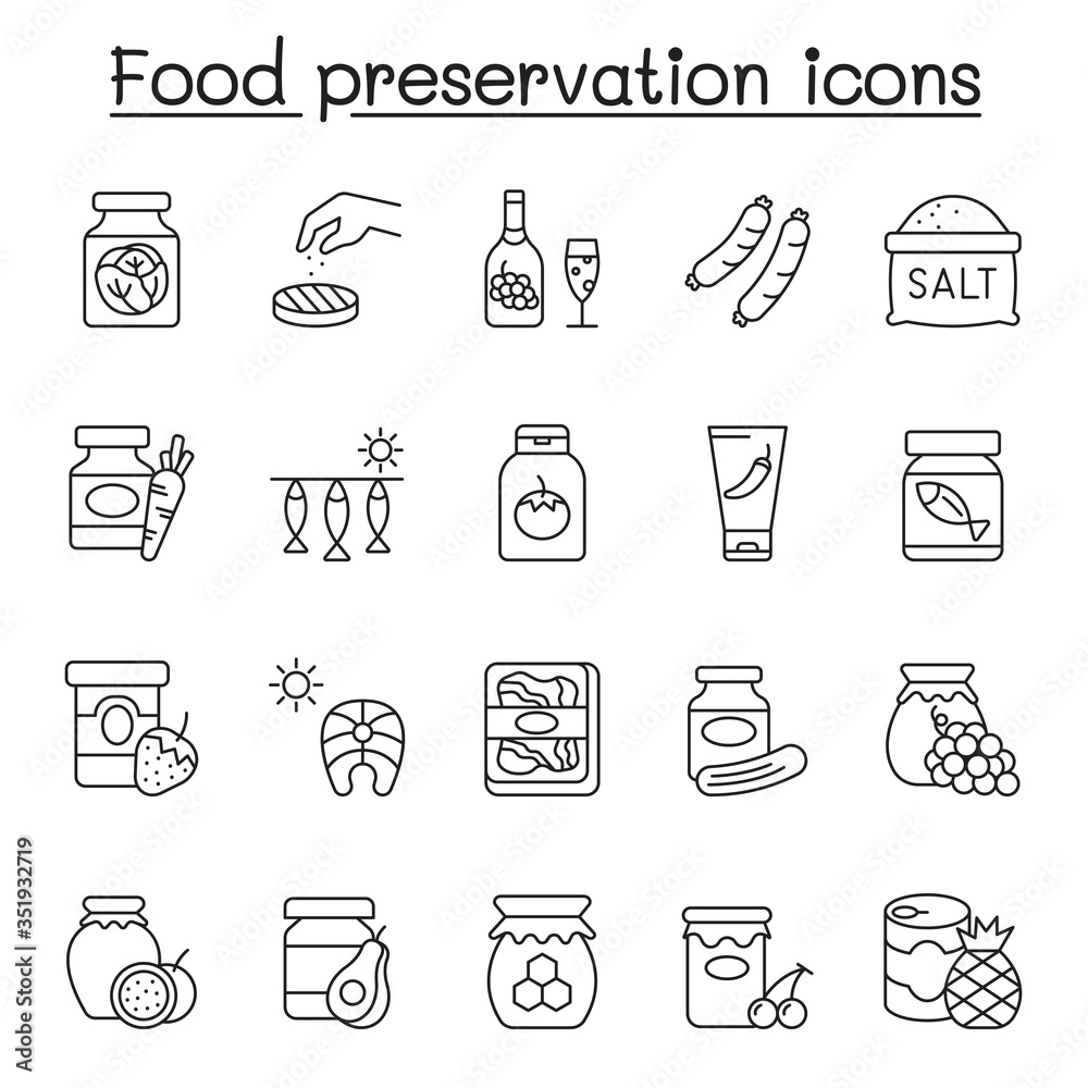 Preserved food icons set in thin line style