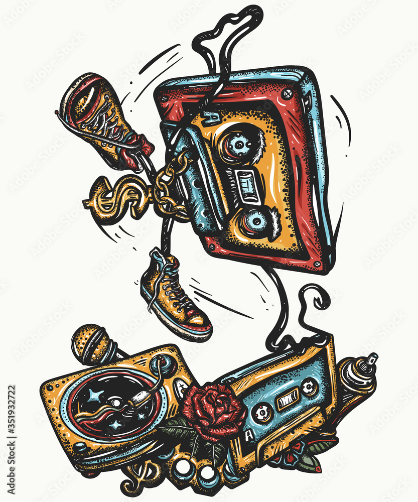 Old school music. Audio cassette dances break dance. Tattoo and t-shirt  design. Vinyl, microphone, rap battle. Funny art. Musical street culture.  Cool hip hop break dancer Stock Vector | Adobe Stock
