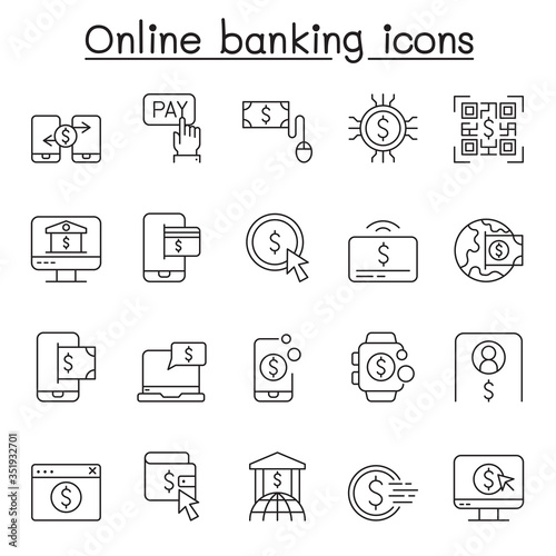 Online banking icons set in thin line style