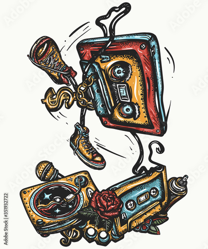 Old school music. Audio cassette dances break dance. Tattoo and t-shirt design. Vinyl, microphone, rap battle. Funny art. Musical street culture. Cool hip hop break dancer