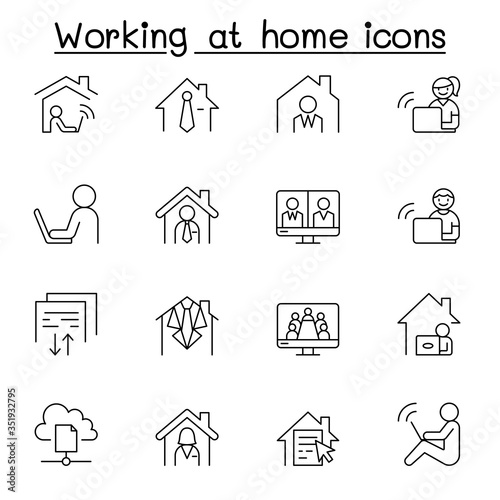 Working at home icon set in thin line style