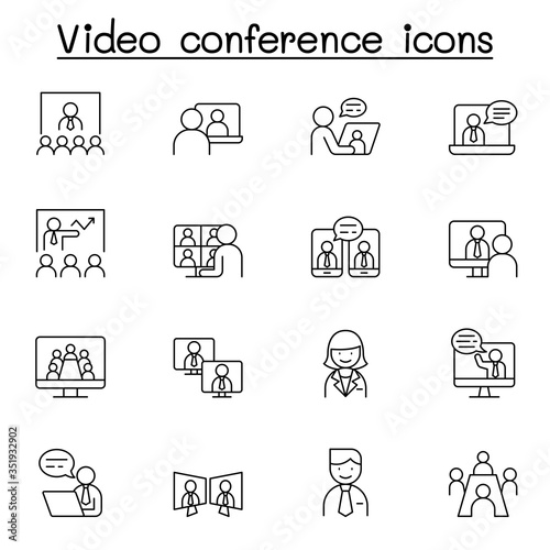Video conference icons set in thin line style