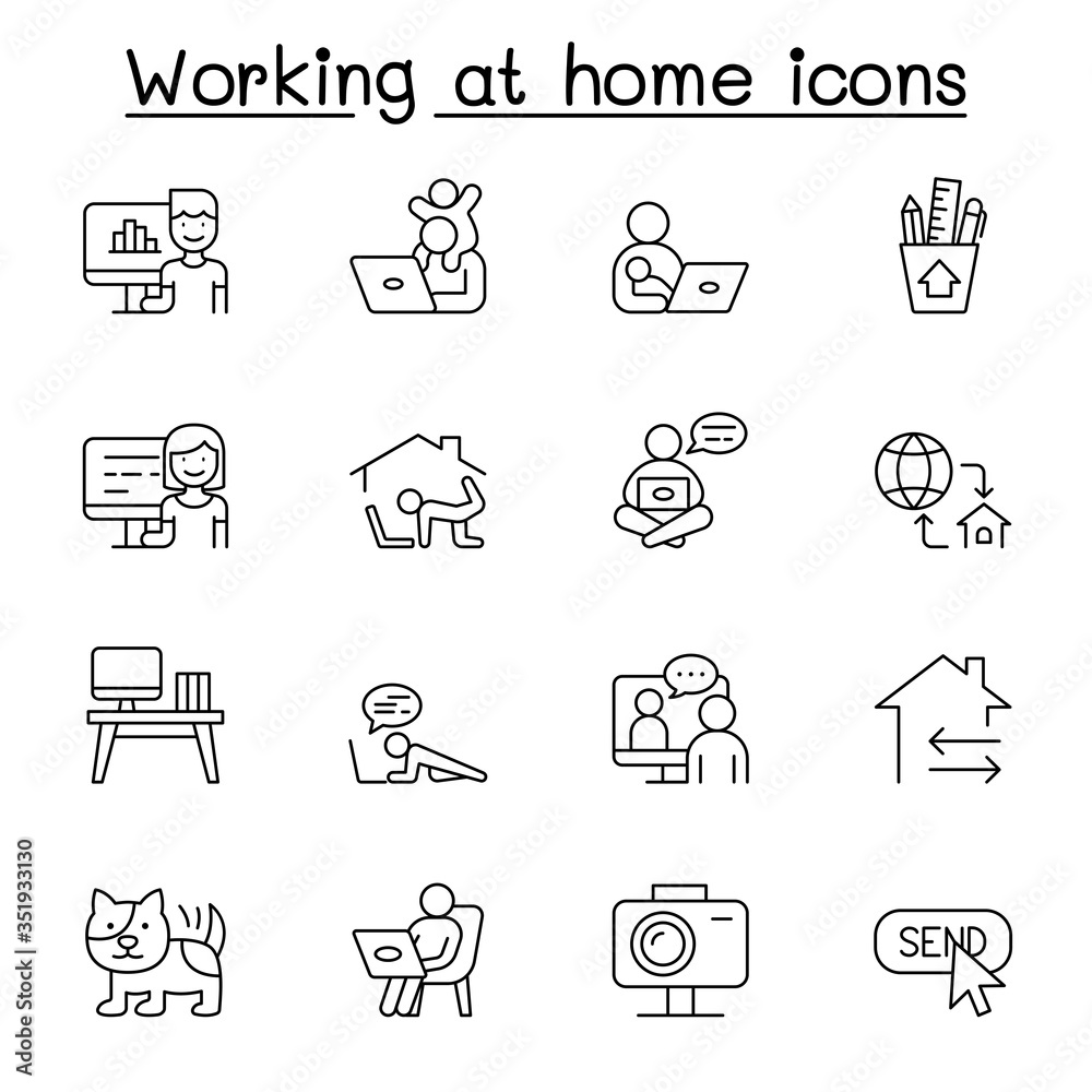 Work from home icons set in thin line style