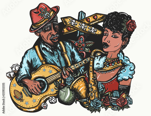 Blues music. Musical legend, crossroads 61/49 and devil. Beautiful black jazz woman, saxophone. Tattoo and t-shirt design. Elderly Afro American bluesman playing slide guitar