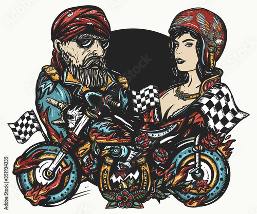 Bikers lifestyle. Road racers art. Tattoo and t-shirt design. Bearded biker man, burning motorcycle, rider sport moto woman, female motorcyclist