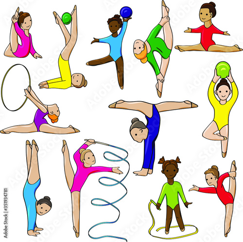 Sports school of rhythmic gymnastics. Girls do exercises with a ball, Hoop and ribbon
