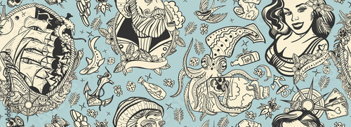 Sea adventure vintage seamless pattern. Sea wolf captain, octopus kraken, pirate ship and sailor girl. Nautical art. Old school tattoo style. Marine background. Funny underwater monster photo