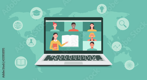 online education or e-learning, home school, teacher teaching students on computer laptop screen, distance learning all over the world, online course concept, new normal, vector flat illustration photo