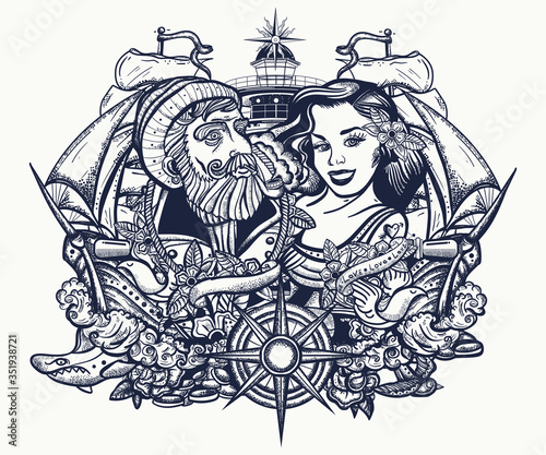 Sea wolf captain, sailor girl and pirate ship. Love story. Tattoo and t-shirt design. Nautical art