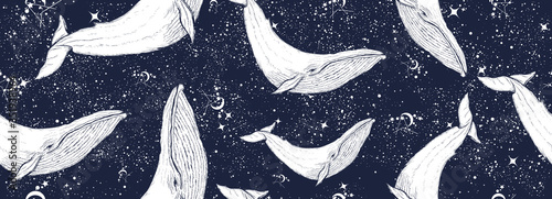 Whales swim through the night sky. Seamless pattern. Surreal black white graphics. Symbol of dream, psychology, imagination