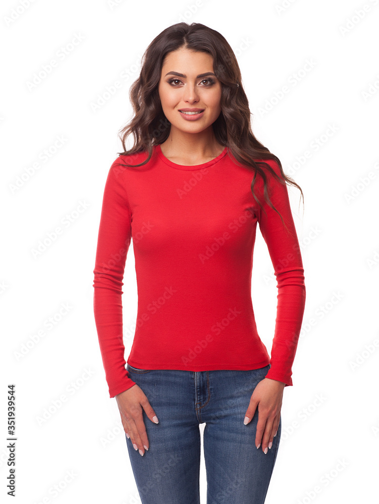 Fototapeta premium Beautiful girl in a jacket of red color. Template of a jacket of red color. Red sweatshirt