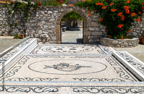 Pebble stone mosaic at Moni Thari monastery on Rhodes island photo