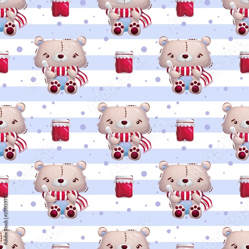 Cute sick teddy bear toy with a thermometer and in a scarf. A jar of jam and a striped background. Vector seamless pattern for textiles, wallpaper or wrapping paper.