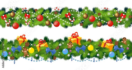 Set of seamless christmas garlands with decoration vector illustration. Green tree with colourful balls golden gift boxes and ribbons flat style. Happy xmas concept. Isolated on white background