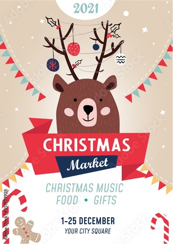 Christmas market poster template with bear vector illustration. Christmas music food and gifts flat style. Address information about festive event. Colourful announcement. Happy new year concept