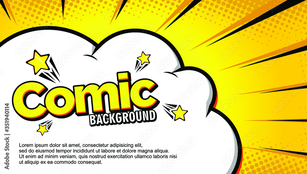 pop art comic background with cloud cartoon speech bubble and sun bright stripe focus on cloud. dotted halftone elements Vector illustration on yellow