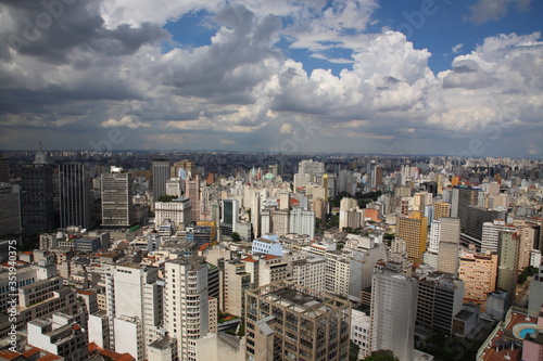 Aerial view of Sao Paulo city skyline with  See Metropolitan Cathedral, Brazil