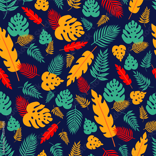 Vector seamless floral pattern with tropical colorful  leaves