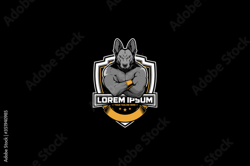 German Shepard dog with human body cartoon character vector badge shield logo template