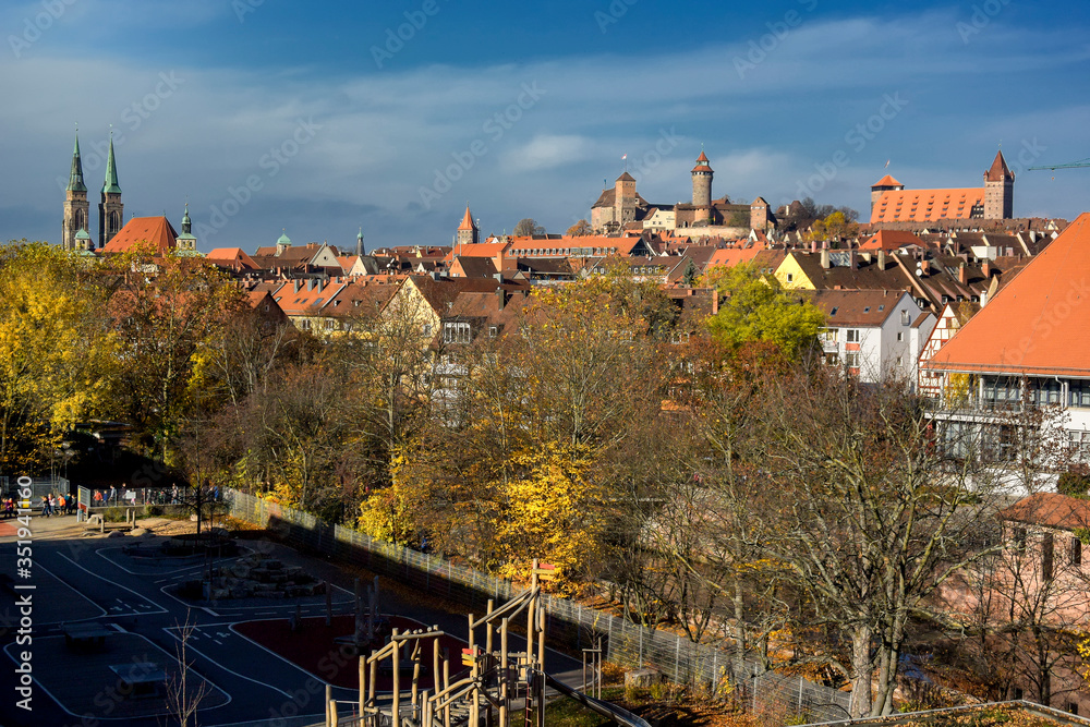 View at historical center of old German city Nuremberg and Nuremberg castle, Germany. November 2014