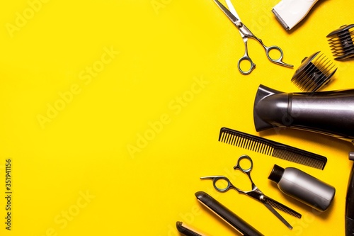 hairdressing accessories on a yellow background look from above, mock up, nobody