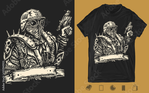 Post apocalypse. Futuristic warrior with weapon in hand. Soldier in gas mask. One color creative print for dark clothes. T-shirt design. Template for posters, textiles, apparels. Dark crime future