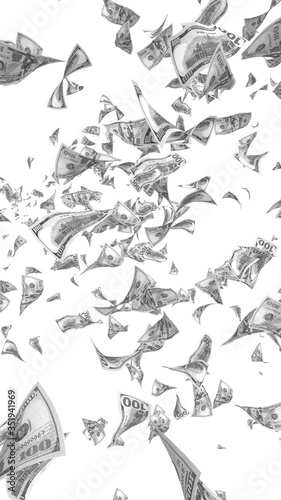 Wallpaper Mural Flying dollars banknotes isolated on white background. Money is flying in the air. 100 US banknotes new sample. Black and white style. 3D illustration Torontodigital.ca