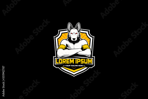 German Shepard dog with human body cartoon character vector badge crest logo template