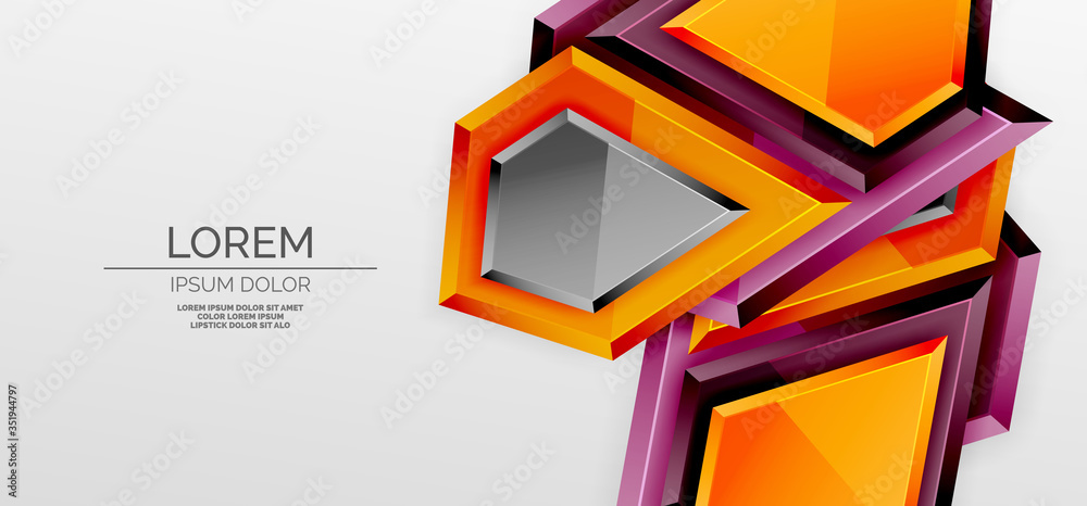 Metal glossy shiny geometric shapes with 3d effect composition. Techno futuristic vector abstract background For Wallpaper, Banner, Background, Card, Book Illustration, landing page