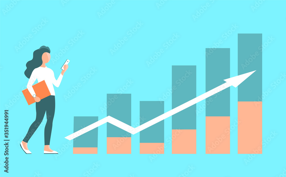 The girl works in the office. In the background is a chart of financial growth. Business strategy and marketing. Vector illustration in a flat style.