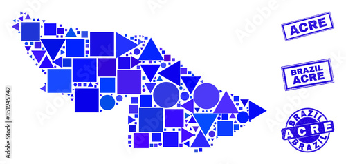 Vector mosaic Acre State map. Geographic scheme in blue color hues, and textured round and rectangle seals. Abstract composition of Acre State map done of round, triangles, square geometric items.