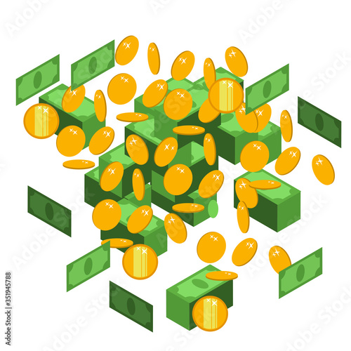 Coins and banknotes. Much money. Vector illustration.