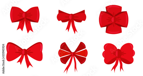 Set of red bows for gifts, birthday greetings, holidays, Christmas, New Year, anniversary. Vector illustration.