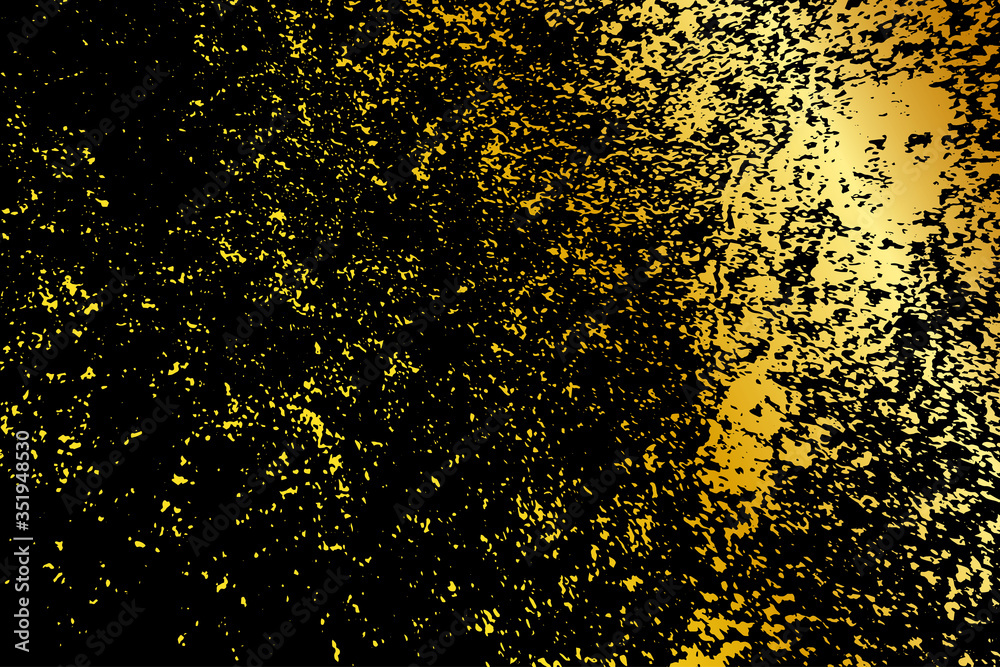 Vector illustration. Golden grain on black background. Grunge backdrop. Glow spray decoration.