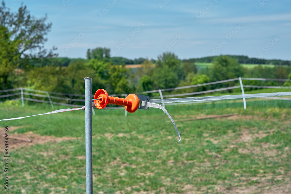 Close up photo of an orange fence handle. Electrical wire fence around a pasture for horses in Bavaria, Germany. Huge green field with trees and blue sky in the background. Daylight, spring sunshine. Close up photo of an orange fence handle. Electrical wire fence around a pasture for horses in Bavaria, Germany. Huge green field with trees and blue sky in the background. Daylight, spring sunshine.